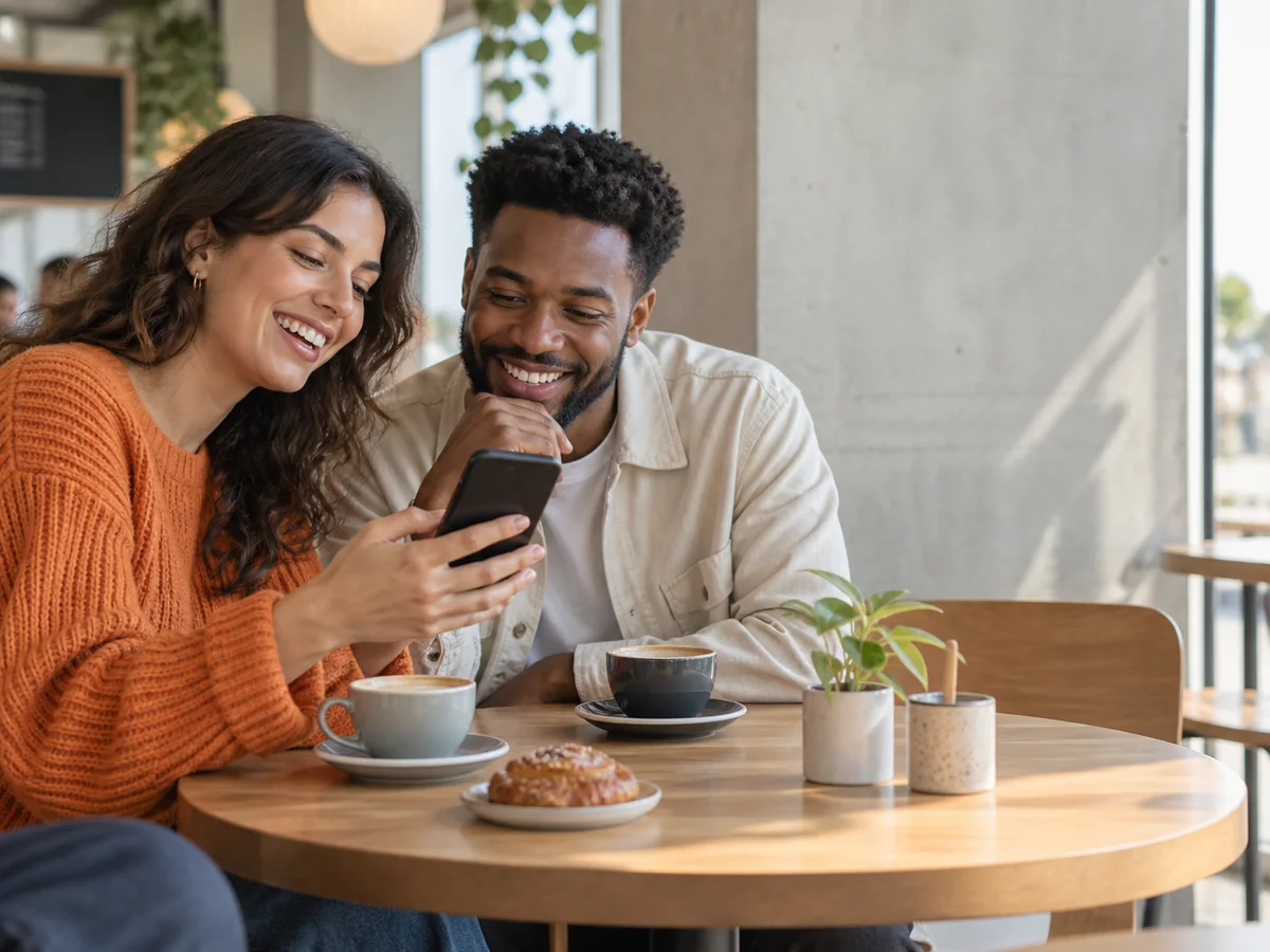 Two friends sharing a moment over a phone at a cafe