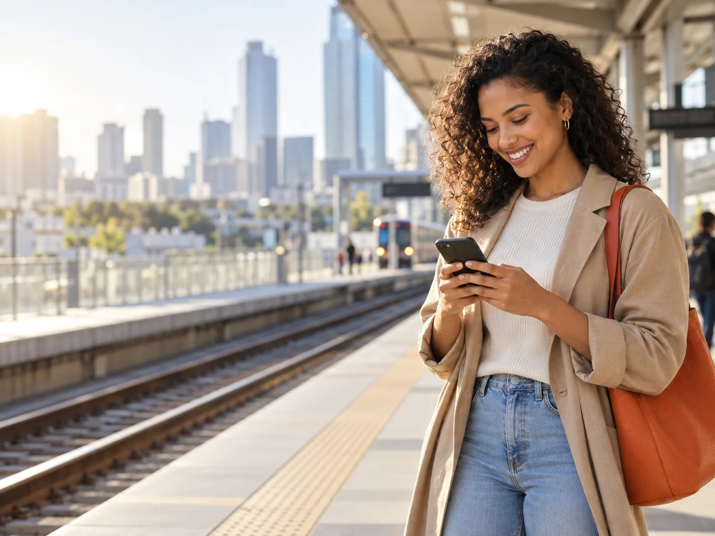 A woman using her phone on a sunny city train platform